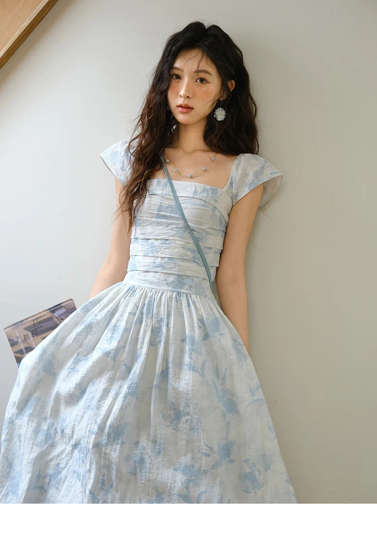 MISHOW Women's Fashion Print Dress 2025 Summer Square Neck Flying Sleeve Vacation High Waist Dresses Women's Clothing MXE35L2274