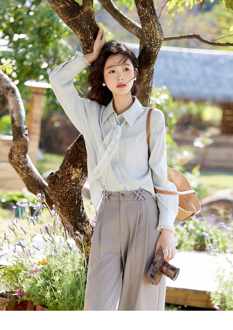 MISHOW French Spring Blouses Women 2025 New Long Sleeve Turn-down Collar Loose Shirts Female Fashion Lace Casual Tops MXE16C0760