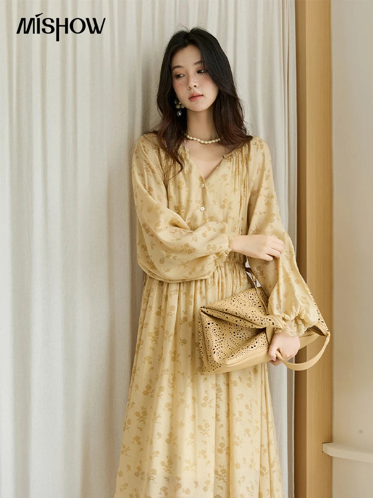 MISHOW Yellow Printing Dress for Woman 2025 Autumn Elegant Lace Lantern Sleeve Waist Slim Long Dress V-neck Dress MXE47L2527