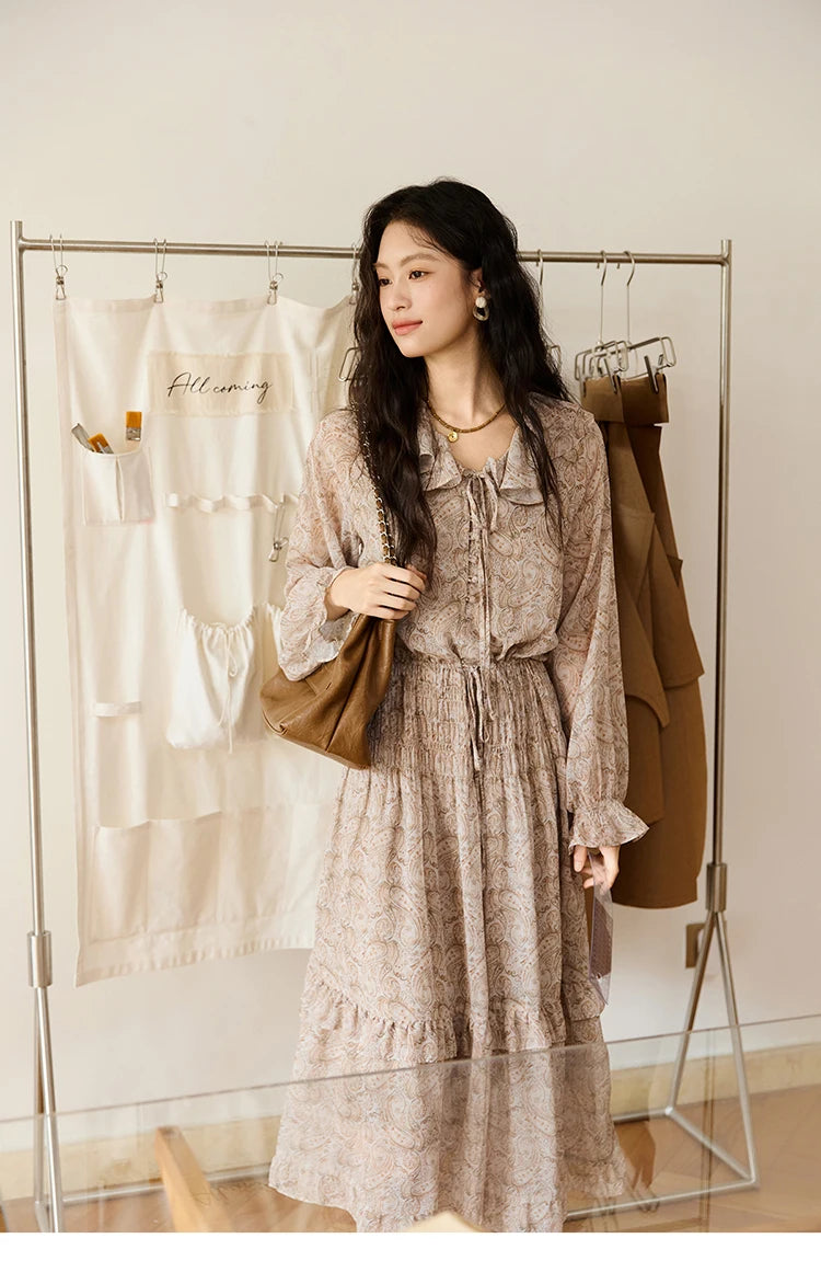 MISHOW Cashew Flower Dress for Woman 2025 Autumn Romantic Style Printed Dress Long Sleeve Ruffled Tie Waist Dress MXE46L2520