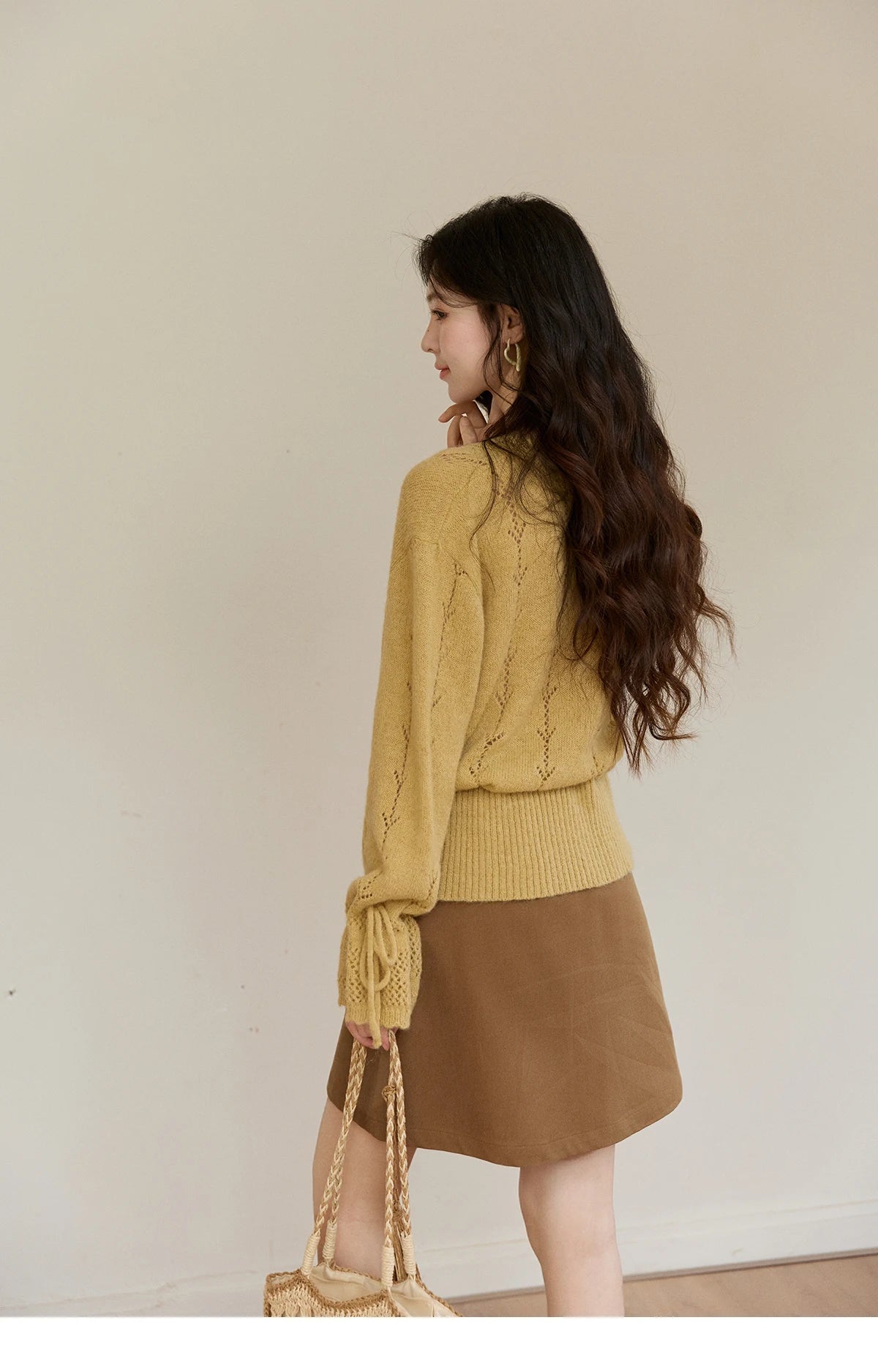 MISHOW Women's Yellow Knitted Cardigan 2026 Spring Hollow Out V-Neck Drawstring Waist Long Sleeve Casual Loose Tops MXF108Z1022