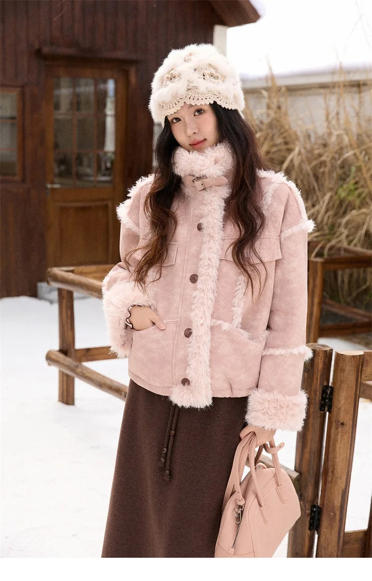MISHOW Women's Pink Jacket 2025 Winter French Style Stand Collar Plush Patchwork Coat Windproof Warm Coat Woman MXE51W0911