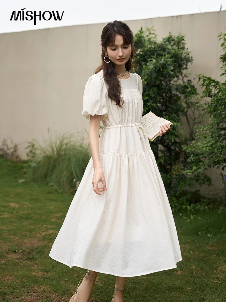 MISHOW French Draw String Waist Dress 2023 Summer Short Sleeve A-LINE Puff Sleeve O-Neck Pullover Elegant Solid Dress MXC38L1415