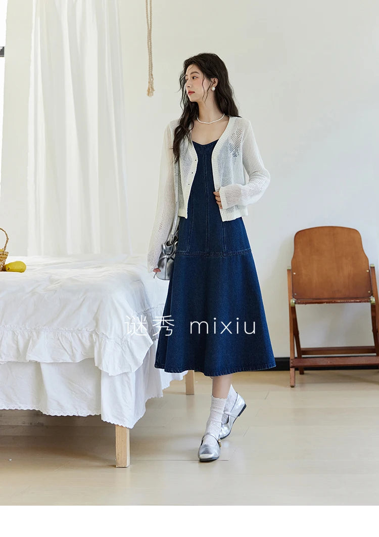 MISHOW Denim Camisole Dress Hollowed Out Cardigan Separately Spring Knitted Cardigan Lace Edge Waist Dress(Not A Set) MXE13L2094
