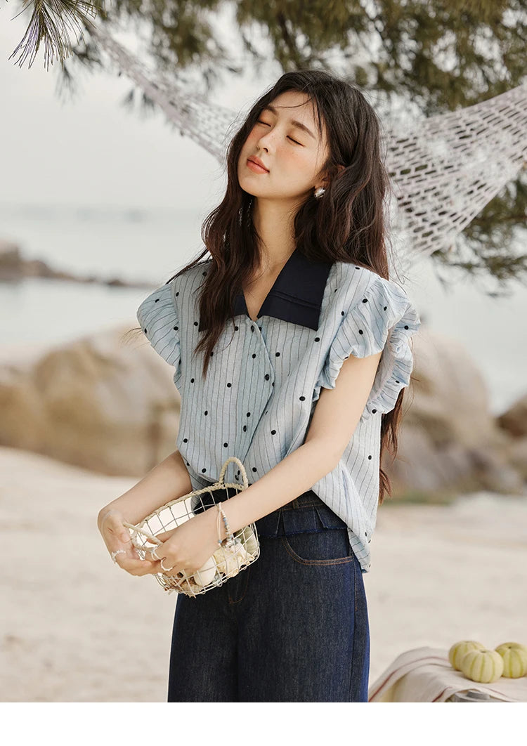 MISHOW Summer Office Lady Blouses Women 2025 Short Sleeve Turn-down Collar Polka Dot Shirts Female Fashion Slim Tops MXE31C0776