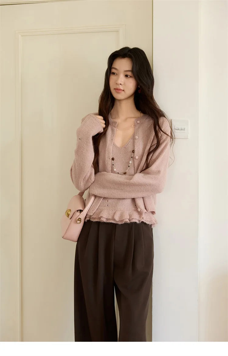 MISHOW Knit Cardigan for Women 2025 Autumn Elegant Pink Crew Neck Cardigan Loose Suspenders Two-piece Suit for Women MXE48T1404