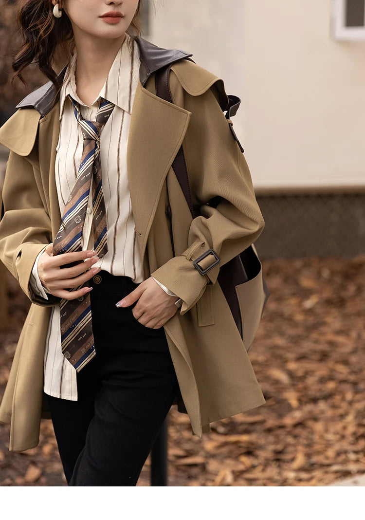 MISHOW Trench Coats for Women Autumn Korean Office Lady Polo Collar Patchwork Long Mid-length Jacket Female Outerwear MXB33W0399