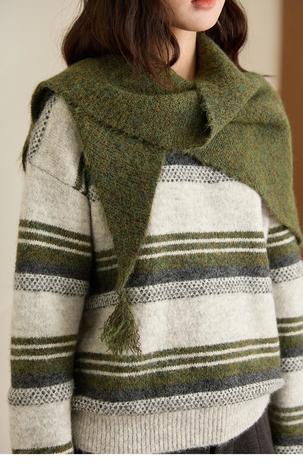 MISHOW Women's Wool Blend Retro Striped Sweater with Scarf Set 2025 Winter Knitted Round Neck Warm Loose Sweaters MXE94Z2987