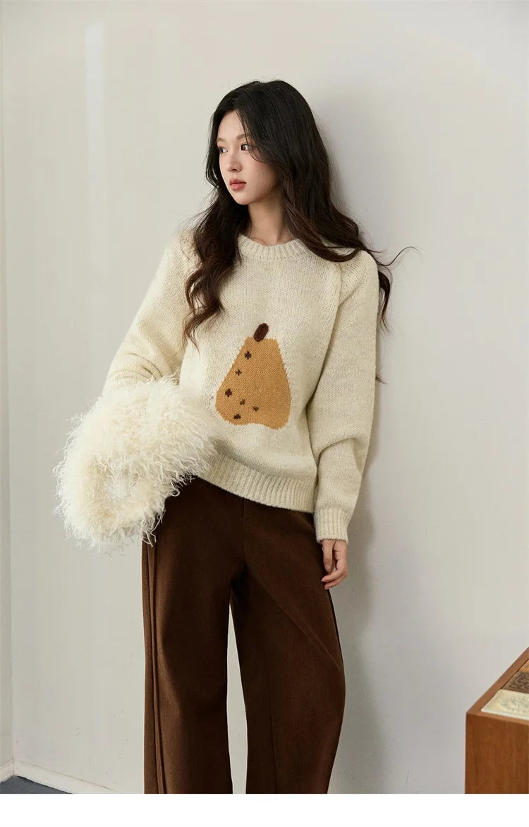 MISHOW Pear Pattern Jacquard Knitted Sweater Autumn Winter Crew Neck Loose Sweaters Wool Blend Warm Pullover Tops MXE94Z2959