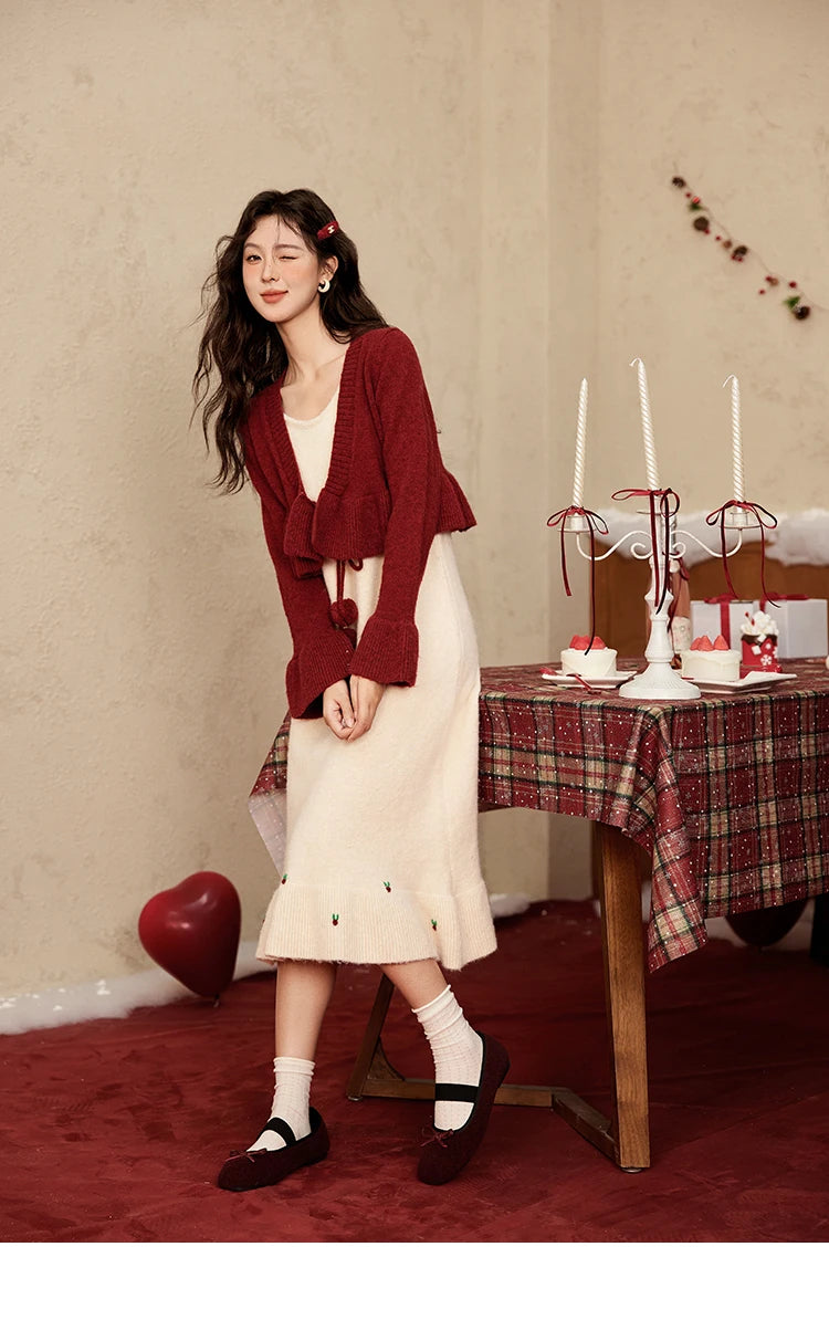 MISHOW Christmas New Year Ruffle Strap Dress Pom-Pom Lace-up Knitted Cardigan Sepertely 2024 Hem Fish Tail Dresses MXD59L2133