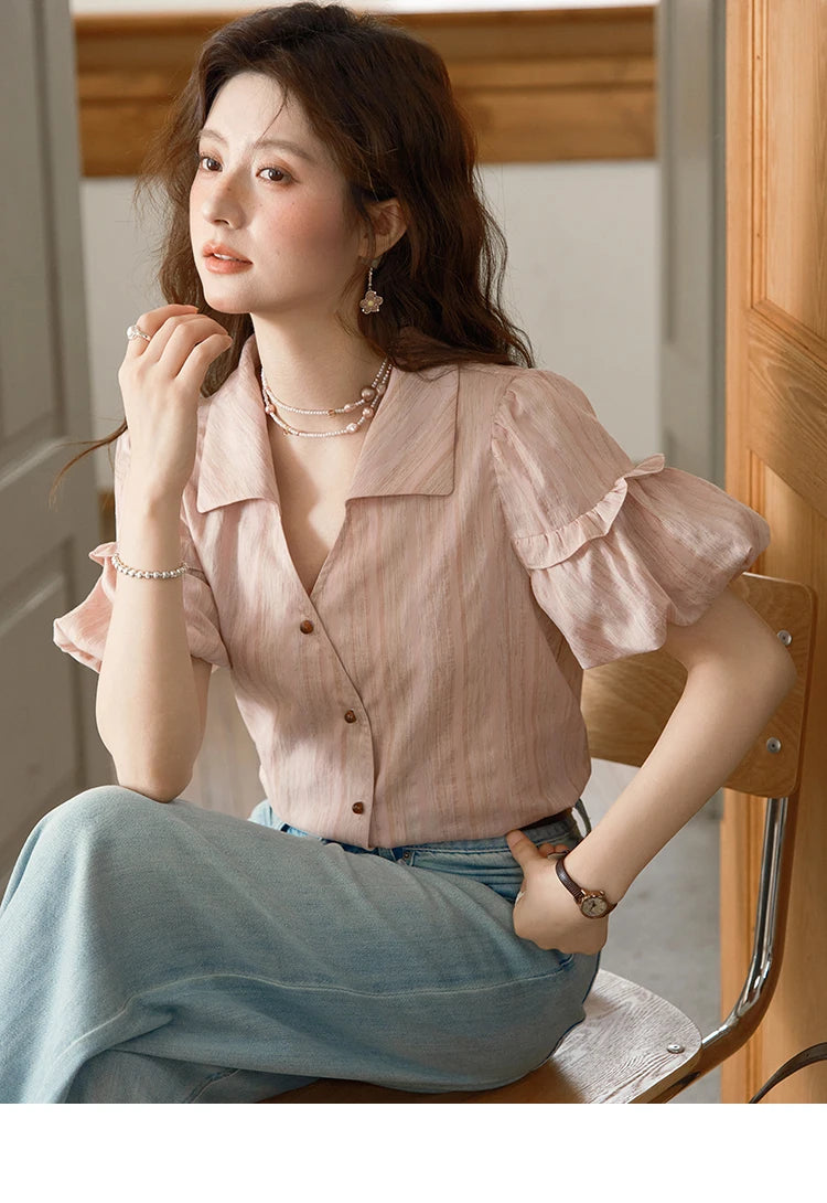 MISHOW Ladies Fashion Puff Sleeve Striped Shirt 2025 Summer New Commute Retro Turn-down Collar Top Women's Clothing MXE37C0808