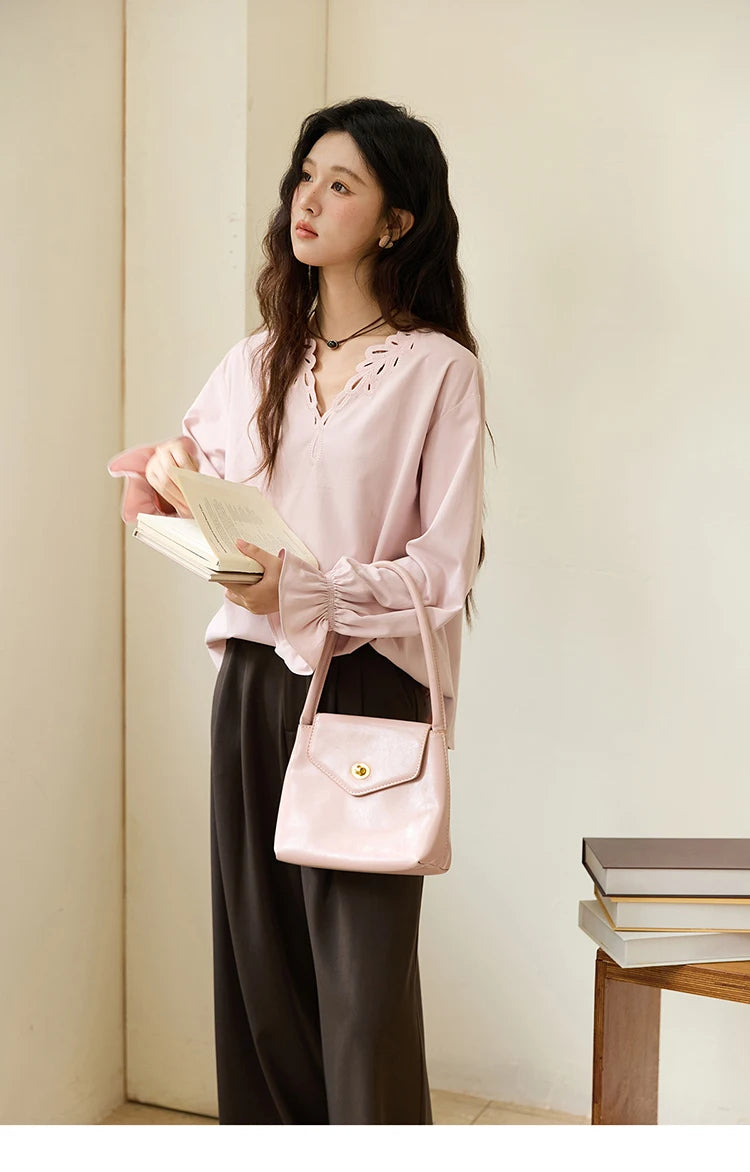 MISHOW Women's Elegant Blouse 2025 Autumn French Style Hollow Out V Neck Pink Blouse Loose Commute Long Sleeves Top MXE48X2502