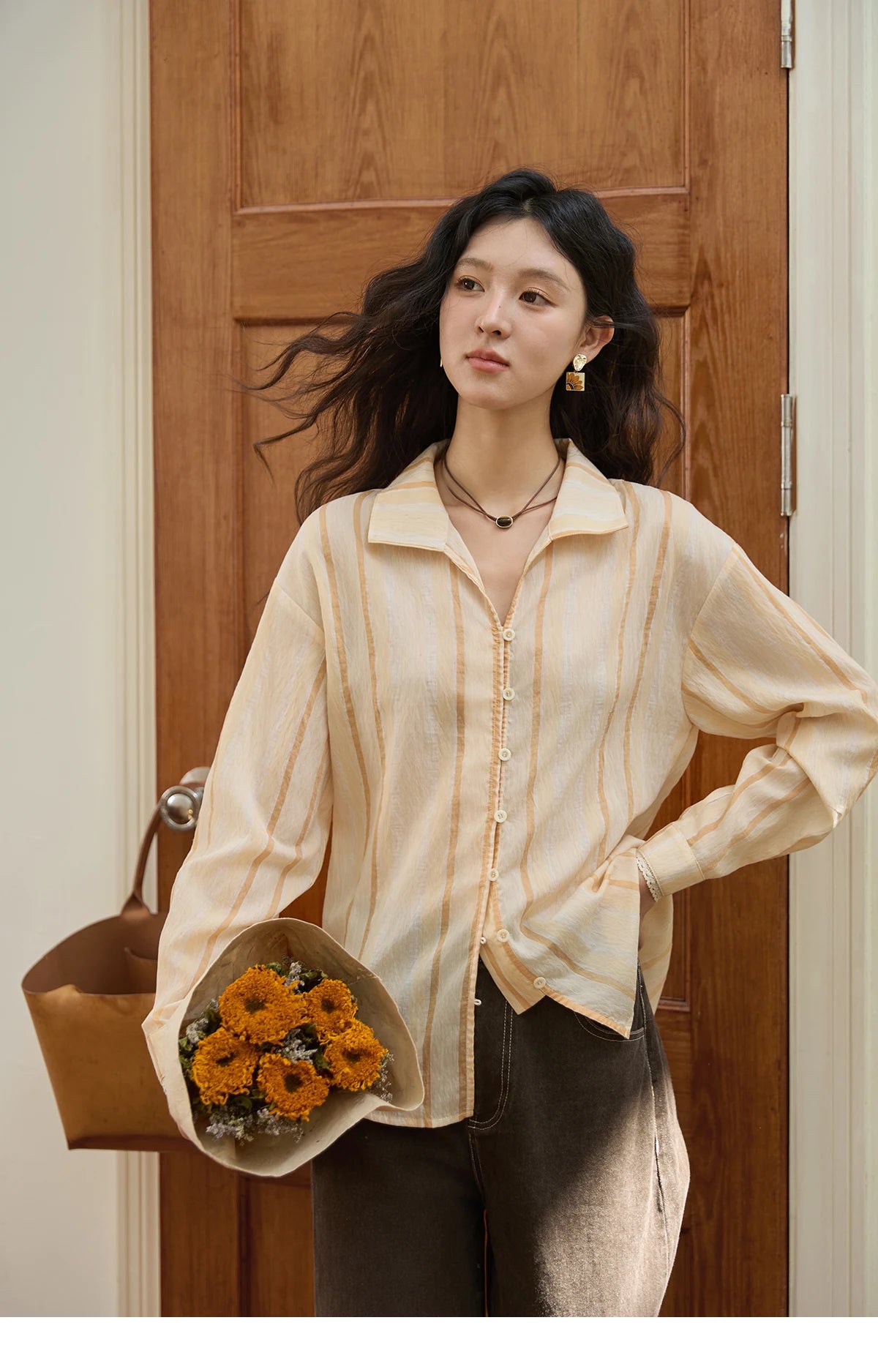 MISHOW Women's Korean Orange Stripe Linen Shirt 2025 Autumn Lapel Collar Lace Trim Cuffs Breathable Shirt Office Lady MXE43C2379