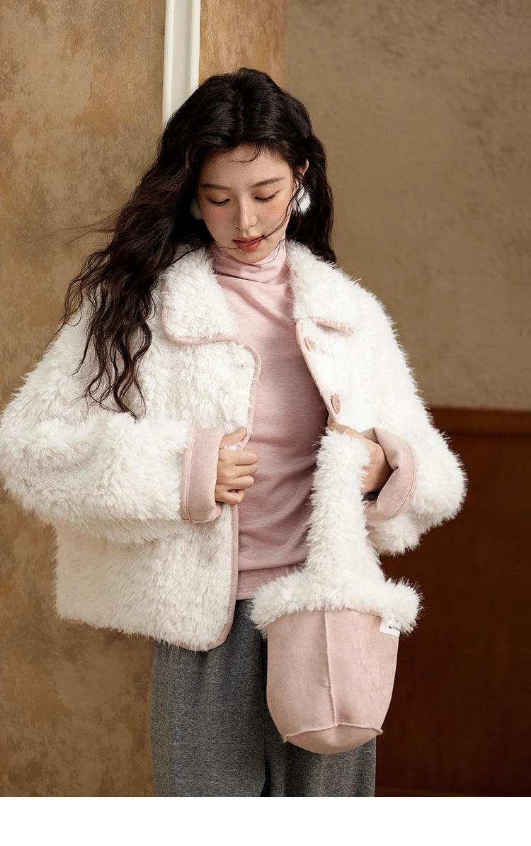 MISHOW Lamb Wool Jacket Women Suede Plush Thick Coat Spliced Turn-Down Collar Sweet Soft Senior Jacket Office Lady MXD59W0753