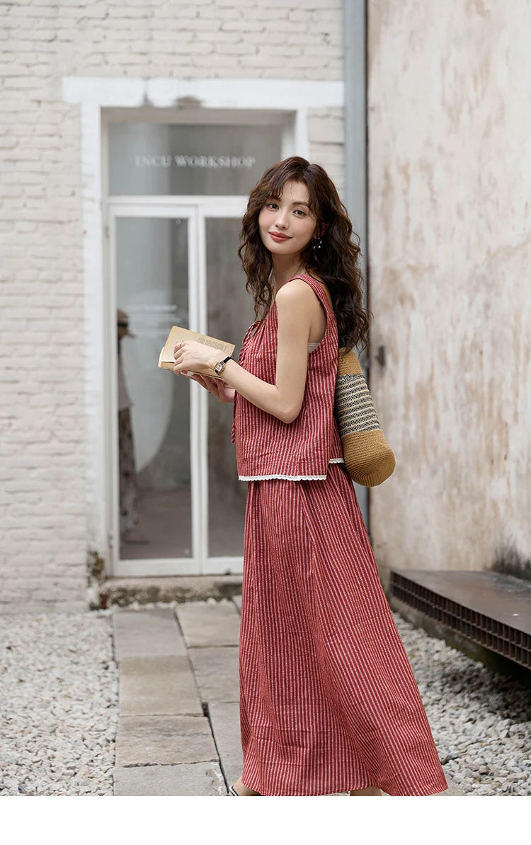 MISHOW French Red Stripe Tank Blouse Elastic Waist Skirt Separately Women 2024 Summer Slim Vacation Strap Waist Skirt MXD30X1631