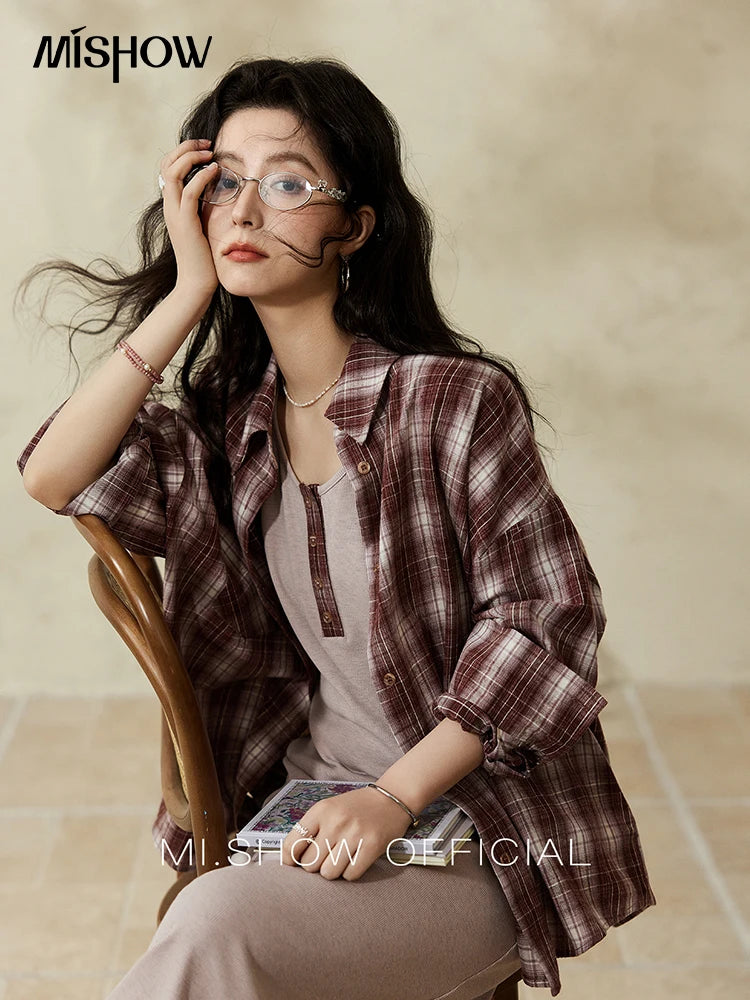 MISHOW Women's Plaid Shirt Grey Vest Dress Separately Spring Lapel Collar Shirt U-neck Sleeveless Dresses (Not A Set) MXE13L2093