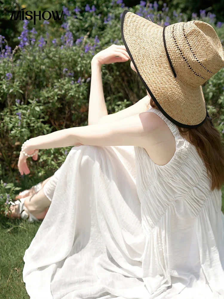 MISHOW French Retro Pleated Upper Suspender Dress for Women 2024 Summer Vacation Sleeveless Solid Mid Length Dresses MXD26L1939