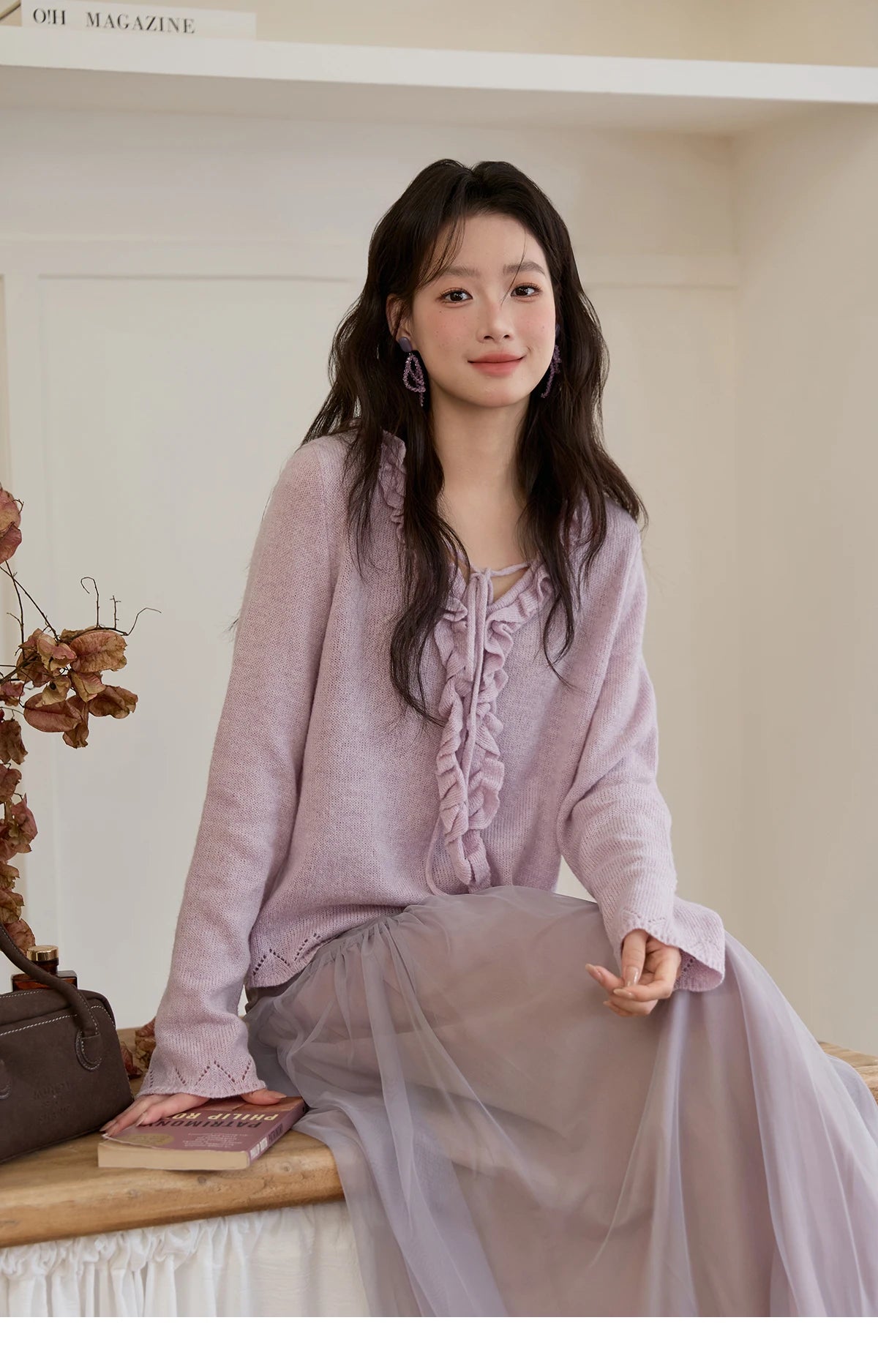 MISHOW Women Long Sleeve Tees 2025 Autumn New V-neck Wood Ear Hollow Out Knitted Sweater Women's Beige Wool Top MXE51Z2595