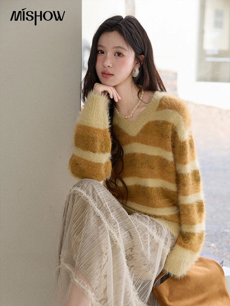 MISHOW Women's V-neck Knit Pullover Retro Yellow Striped Sweater 2025 Casual Faux Mink Jacquard Loose Knit Sweater MXE87Z2766