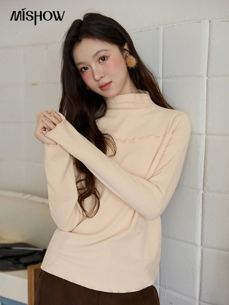 MISHOW Women's Multi-Color Thermal Turtleneck Top 2025 Autumn Winter Vintage Versatile Warm Fleece Ruffled Edge Tops MXE91Z2784