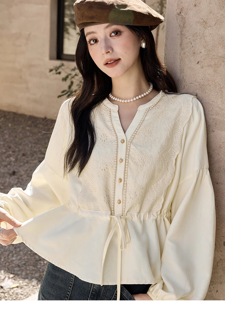 MISHOW Women's French V-neck Blouse Lace Lantern Sleeve Long-sleeved Blouses 2024 Fall Tie Drawstring Waist Slim Tops MXD45X1660