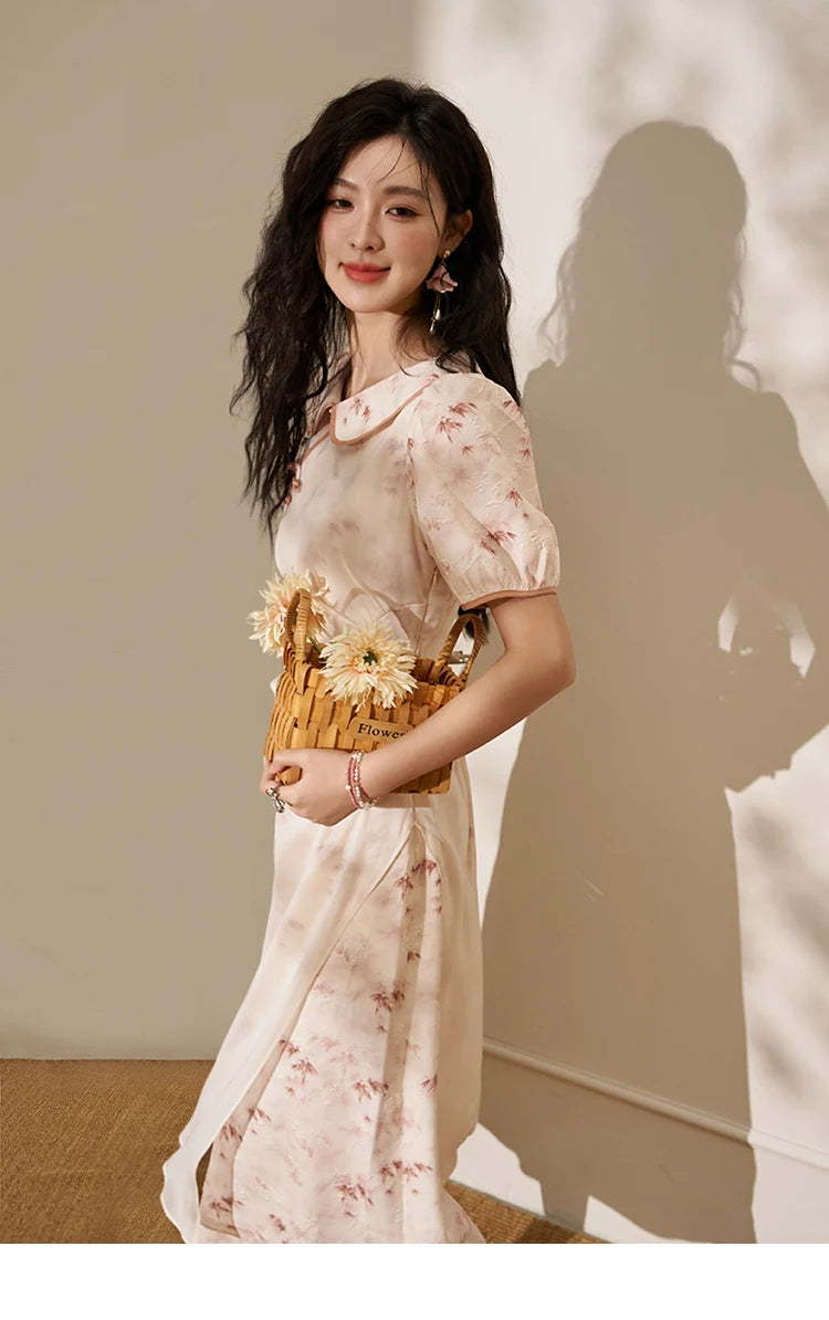 MISHOW Chinese Doll Collar Dresses 2024 Summer Improved Cheongsam Waist Pink Bamboo Printing Splicing Mesh Midi Dress MXD22L1829