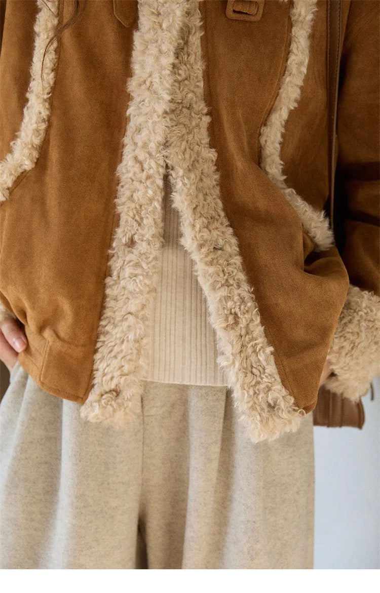 MISHOW Woman Short Jacket 2025 Winter Retro Brown Suede Patchwork Fur Coat Loose Faux Lambswool Turn Down Collar Coat MXE89W0895