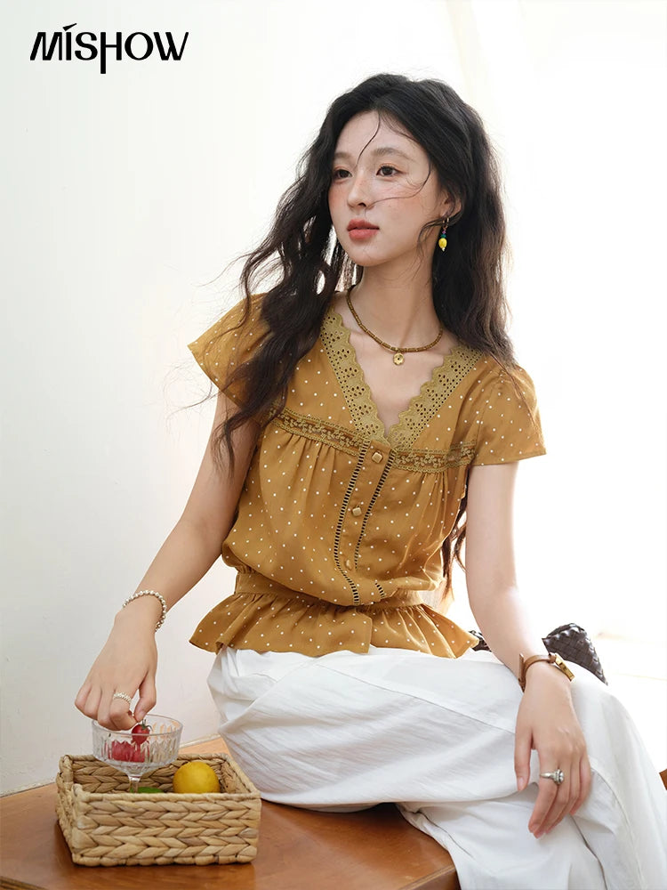 MISHOW Women's V-neck Lace Splicing Blouse 2025 Summer New Ladies Fashion Polka Dot Hollow Ruffle Button Female Top MXE38X1847