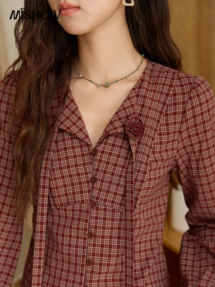 MISHOW Women's Red Tied Plaid Shirt 2025 Autumn New Arrival Sweet 3D Floral Turn-Down Collar Long-Sleeve Blouse Women MXE45X2481