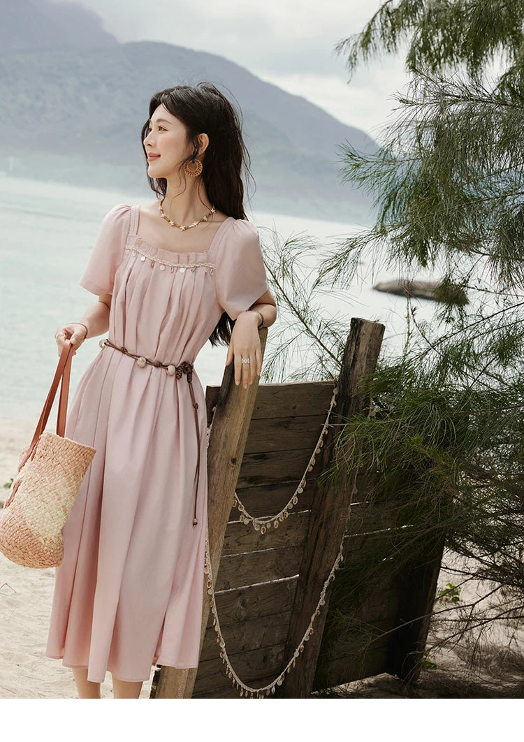 MISHOW Bohemian Pink Women‘s Summer Dresses Women 2025 Short Sleeve Square Collar with Belt Dress Lady New Fashion MXE33L2158