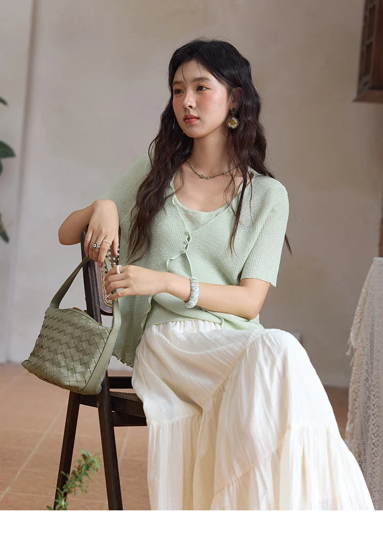 MISHOW Women's Mint Green Fake Two Piece Short Sleeved Knitted Cardigan 2025 Summer Solid Color Loose Comfortable Top MXE36Z1286