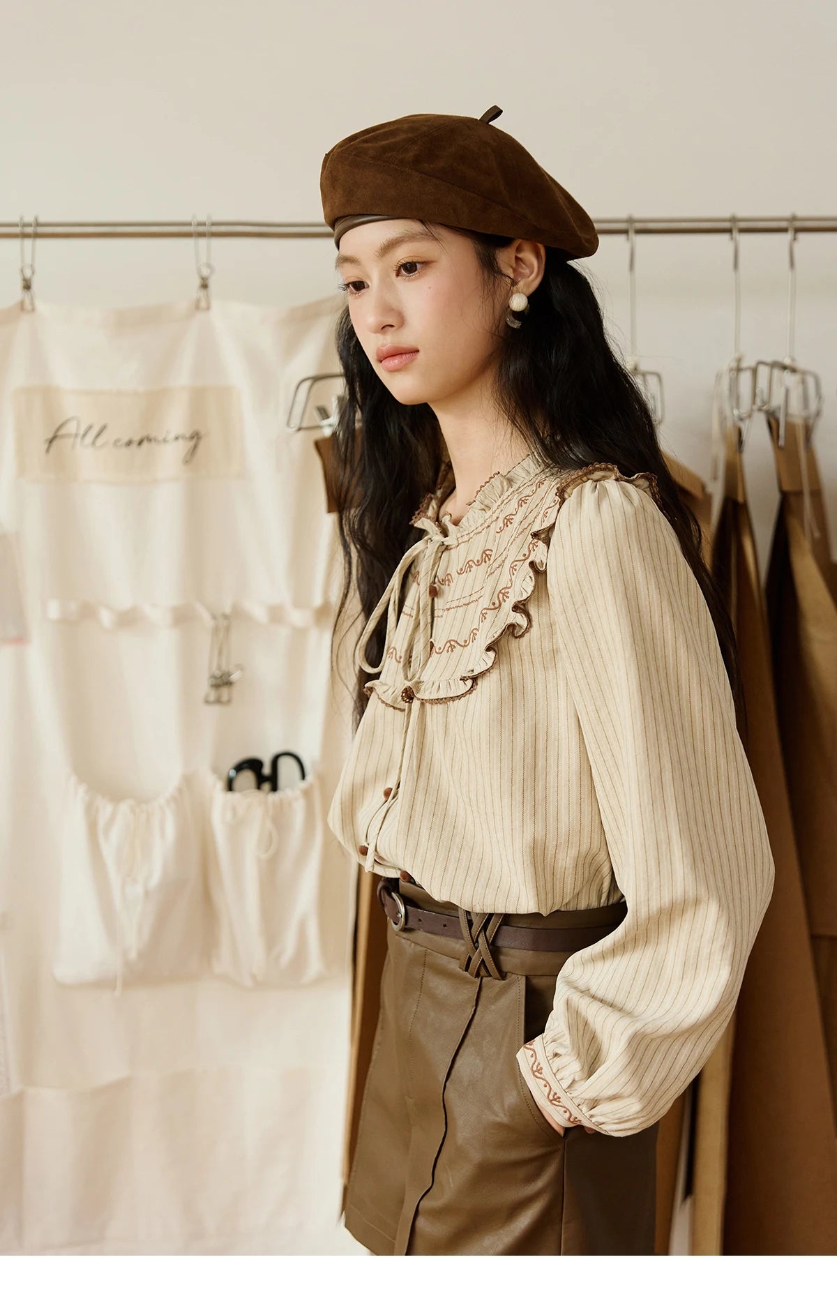 MISHOW Striped Shirt for Woman 2025 New Retro Wood Ear Edge Round Neck Embroidery Top Korean Popular Clothes Autumn MXE46X2492