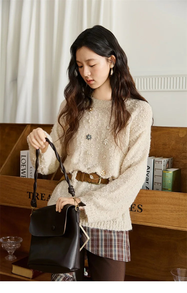 MISHOW Sweater Woman Wool 2025 Autumn New Belt Waist Design Drop Shoulder Sleeves Knit Top Commute Pullover Women MXE46Z2582