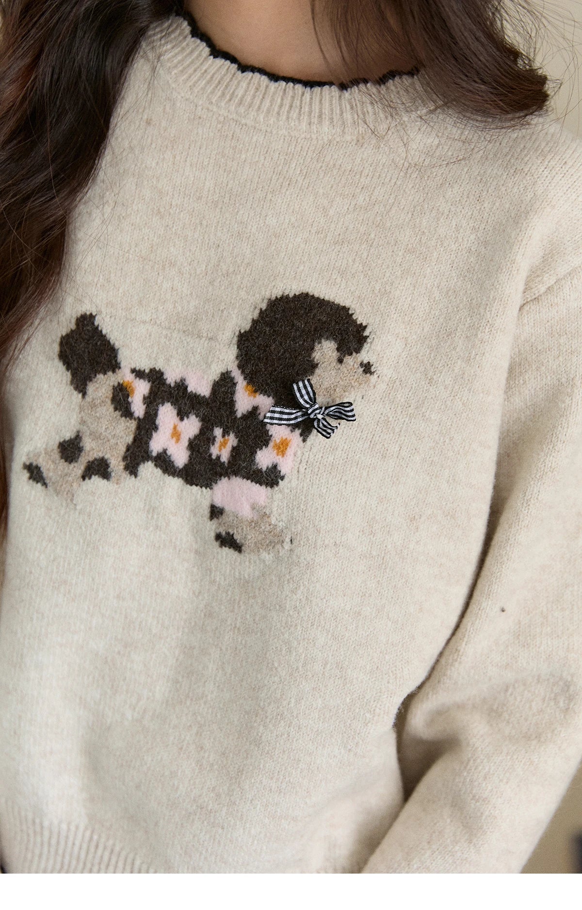 MISHOW Women's Burgundy Knitted Sweater 2025 Winter Poodle Pattern Ruffled Trim Crew Neck Sweater Warm Pullover Tops MXE93Z2949