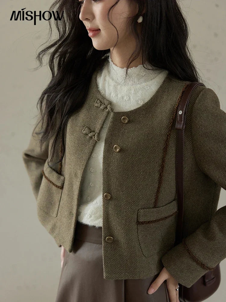 MISHOW Fashion Plaid Tweed Coat Women Premium Elegant Gentle Tweed Jacket Single Breasted Long Sleeve Loose Short Top MXD46W0449