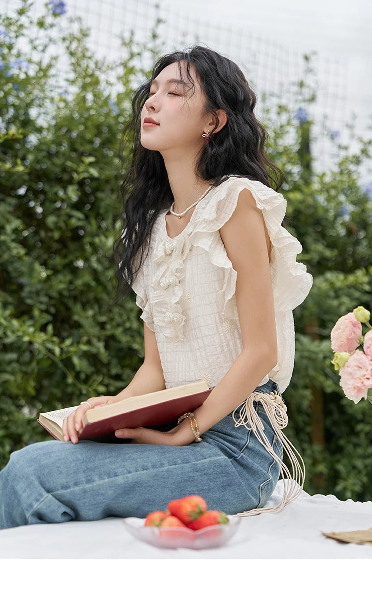 MISHOW Chinese Retro Button Up Blouse for Women 2024 Summer Flying Sleeve Chiffon Embroidery V-Neck Top with Camisole MXD21X1374