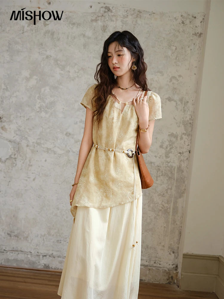 MISHOW Fashion Butterfly Embroidery Dress 2025 Summer Splicing Beaded Collar Comes with Retro Belt Dresses MXE36L2250