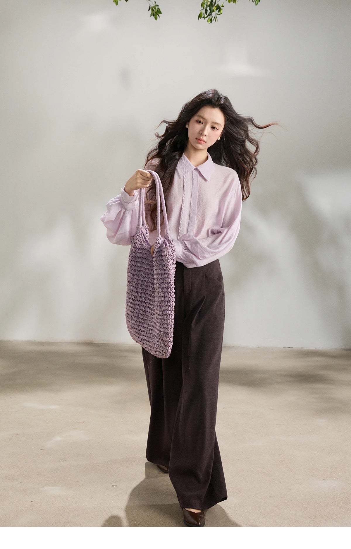 MISHOW Women's Lapel Lantern Sleeve Shirts 2026 Spring Lace Trim Casual Loose Breathable Solid Shirt Office Lady MXF13C2436