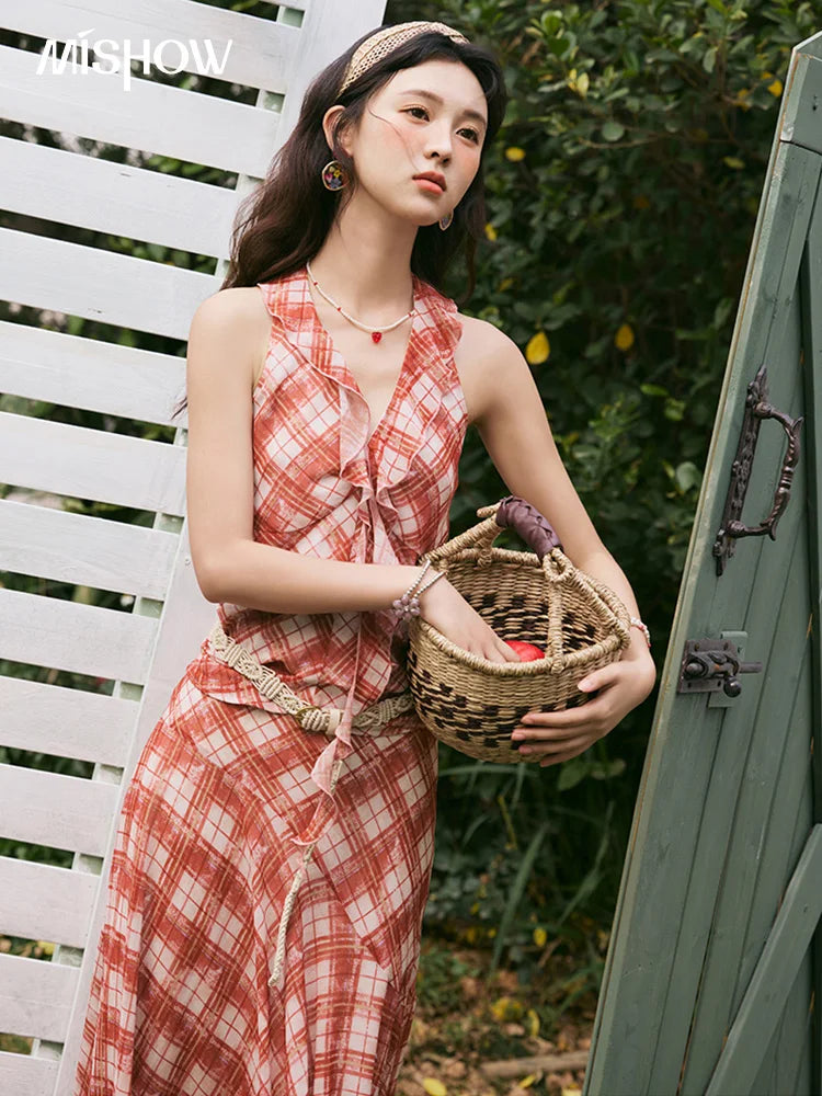 MISHOW French Retro Red Grid Hanging Neck Blouse for Women Summer 2025 Ruffled Edges Backless Blouses Vacation Top MXE34X1785