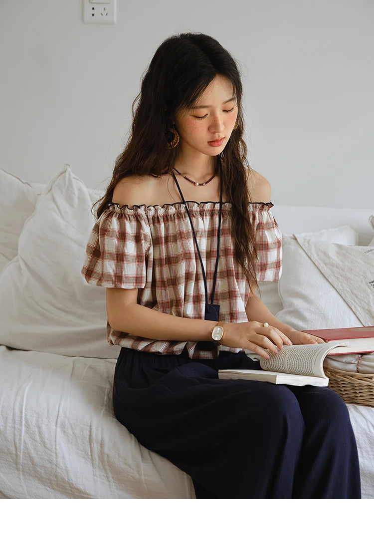 MISHOW Two Piece Set for Women Retro Red Grid Puff Sleeve Top+Casual Elastic Waist Wide Leg Pants Set 2025 Summer New MXE37T0649