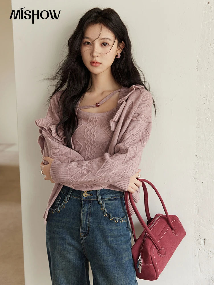 MISHOW Pink Knitwear Camisole Cardigan Separately 2024 Fall Fashion Sweet Knitted Vest Asymmetric Flounce Sweaters MXD45Z0781