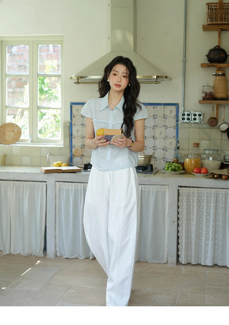 MISHOW Women's Turn-down Collar Button Casual Shirt 2025 Summer New Ladies Wear Edge Splicing Commut Short Sleeve Top MXE39C2363