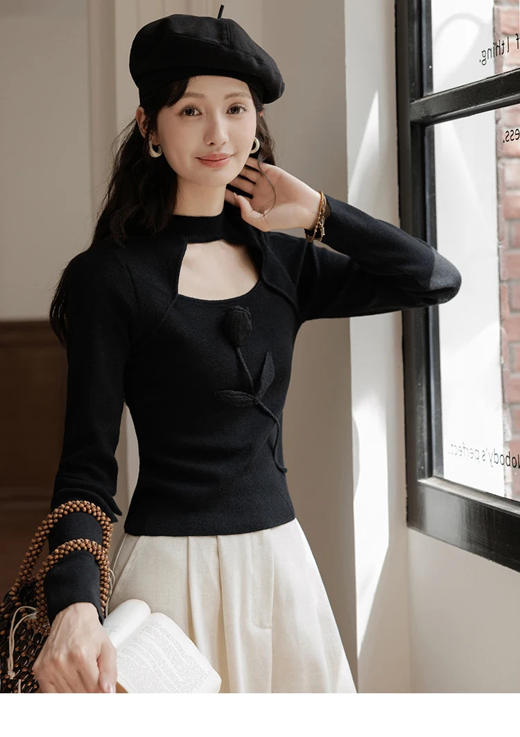 MISHOW Women’s Black Tulip Knitted Sweater French Vintage Hollow Out Sweaters Mock Neck 2024 Fall Elegant Slim Top MXD42Z0731