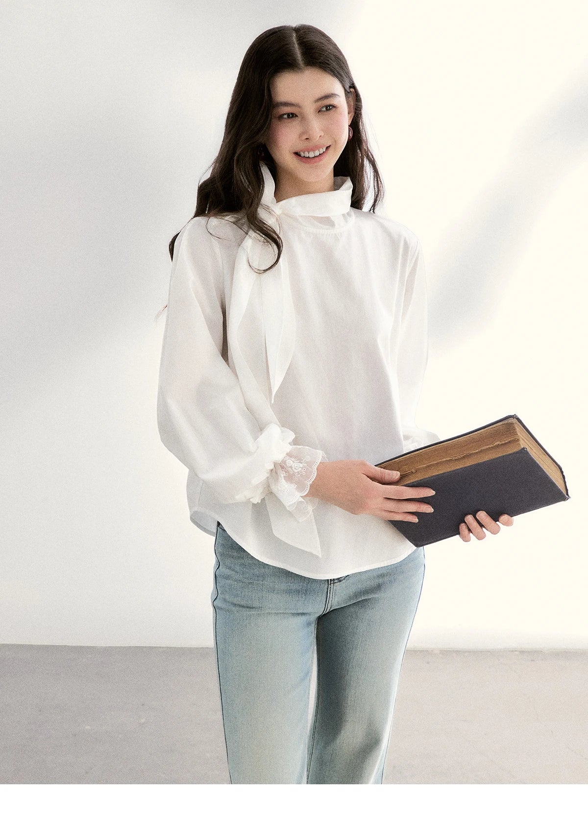 MISHOW Women's White Blouse Spring Bow Tie Neck Lantern Sleeve Patchwork Lace Blouses Casual Elegant Top Office Lady MXF108C0814