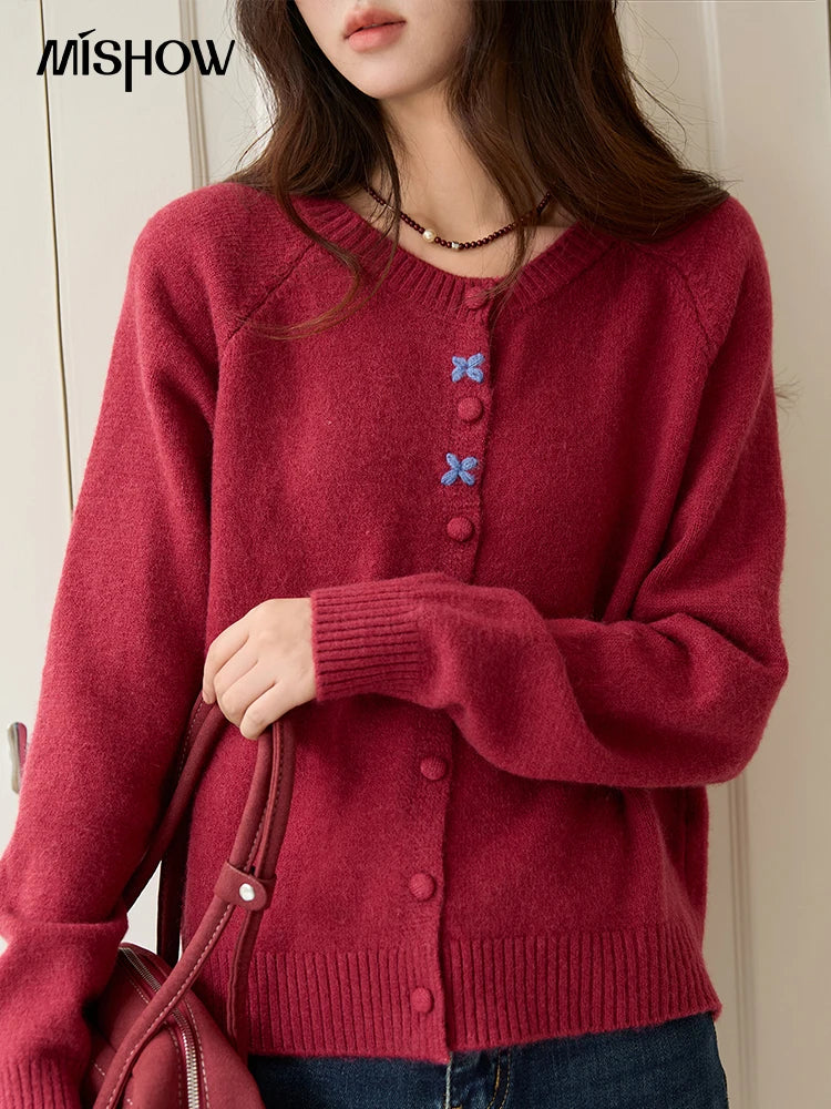 MISHOW Red Knitted Cardigan for Women 2025 Autumn Round Neck Single Breasted Buckle Embroidered Casual Cardigans Lady MXE47Z2621