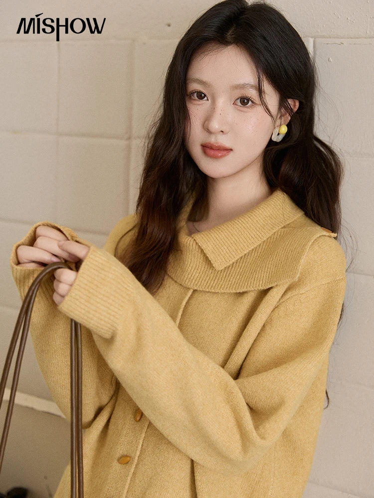 MISHOW Women's Mustard Yellow Knit Cardigan 2026 Spring Asymmetric Collar Dropped Sleeves Tops Casual Loose Sweater MXE93Z2936