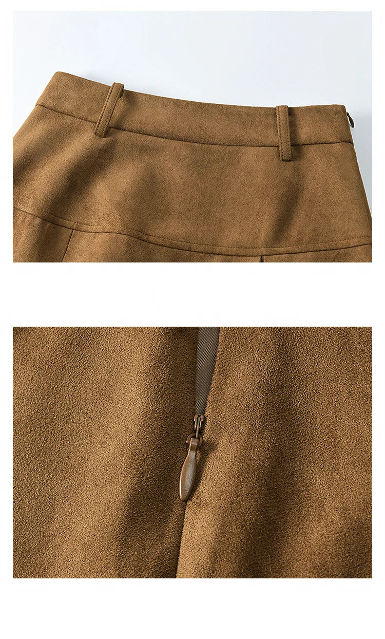 MISHOW Vintage Coats Midi Skirts Separately Brown Suede Plush Jacket Bull Horn Buckle Spliced Design Thick Warm Top MXD36W0500