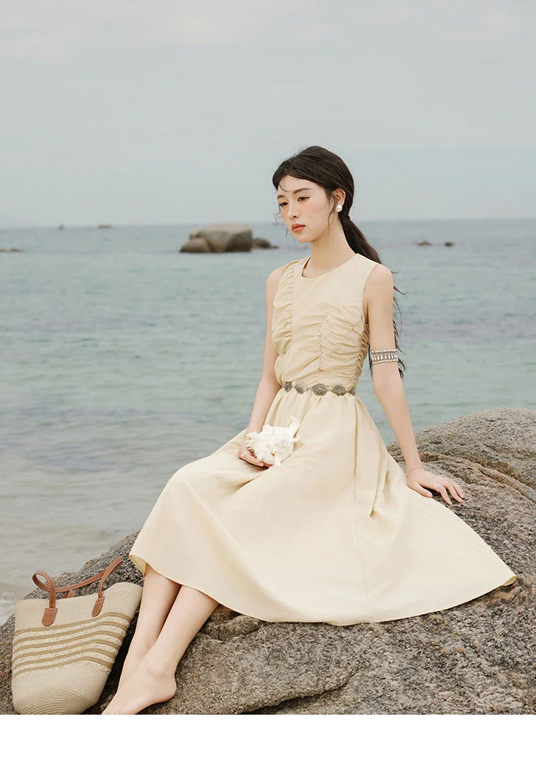 MISHOW Office Lady Summer Dress Women 2025 New Round Neck Sleeveless Solid with Belt Dresses Female Fashion Slimming MXE31L2188