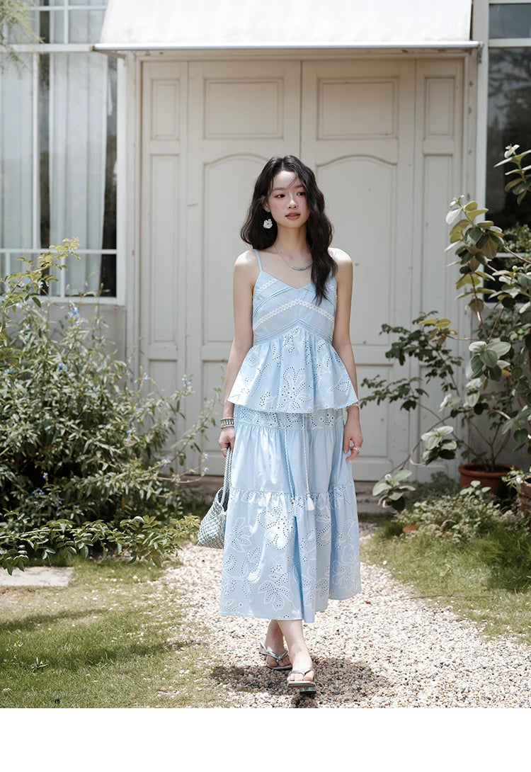 MISHOW Woman 2 Pieces Set 2025 Summer Ladies Fashion Strap V-neck Top Embroidery Flower Hollow Out Drawstring Skirt MXE34T0624