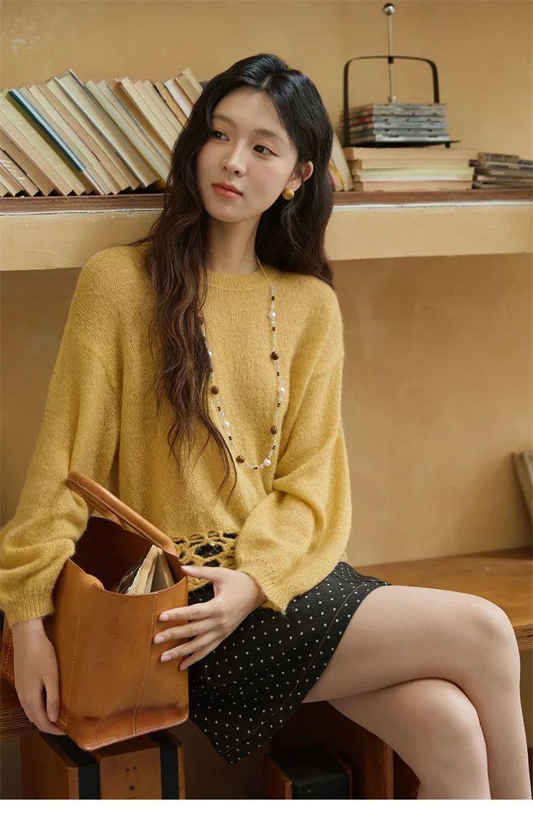 MISHOW Woman Sweaters 2025 Elegant French Hollow Out Floral Sweater Loose O-neck Long Sleeves Knit Top Autumn Clothes MXE44Z2491